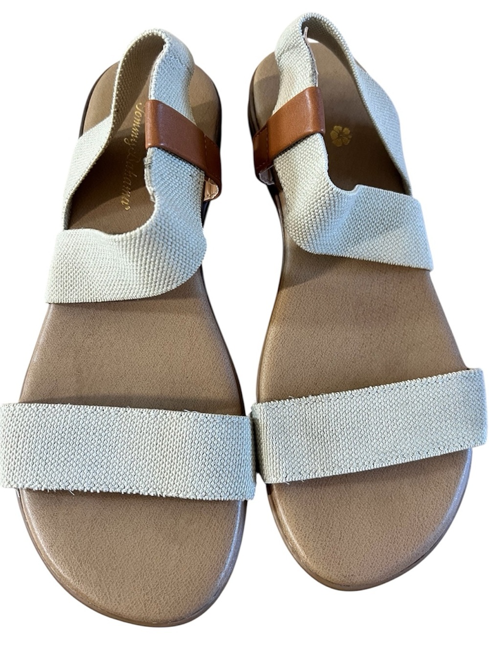 Tommy Bahama Sandals Womens 7 M Tan Beige Elastic Strap Flat Slide Shoes Boho